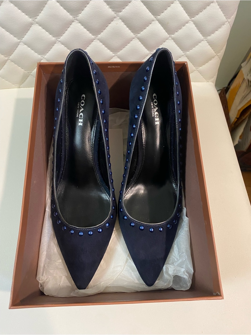 COACH Navy Suede Studded Pointed-Toe Pumps